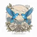 mountain blue birds flying and small  wild prairie rose intertwined with the rocky mountains or lake in the background  tattoo design idea