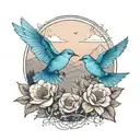 mountain blue birds flying and small  wild prairie rose intertwined with the rocky mountains or lake in the background  tattoo design idea