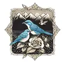 smaller mountain blue birds flying and wild prairie rose intertwined with the rocky mountains or lake in the background  tattoo design idea
