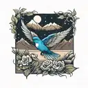 smaller mountain blue birds flying and wild prairie rose intertwined with the rocky mountains or lake in the background  tattoo design idea