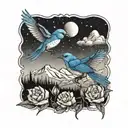 smaller mountain blue birds flying and wild prairie rose intertwined with the rocky mountains or lake in the background  tattoo design idea