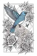 small mountain blue bird flying with the rocky mountains and small wild praire roses and some geometric concepts  tattoo design idea