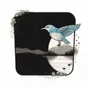 one mountain blue bird flying, with two or three small wild prairie roses and a calm apline lake in the background tattoo design idea