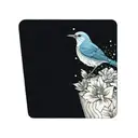 one mountain blue bird flying, with two or three small wild prairie roses and a calm apline lake in the background tattoo design idea