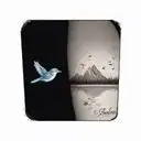 one mountain blue bird flying, with two or three small wild prairie roses and a calm apline lake in the background tattoo design idea