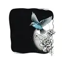 one mountain blue bird flying, with two or three small wild prairie roses and a calm apline lake in the background tattoo design idea