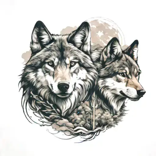 Design a tattoo of Raeka and Ryker exploring the Philippines with a wolf by their side, capturing their adventurous spirit tattoo design idea