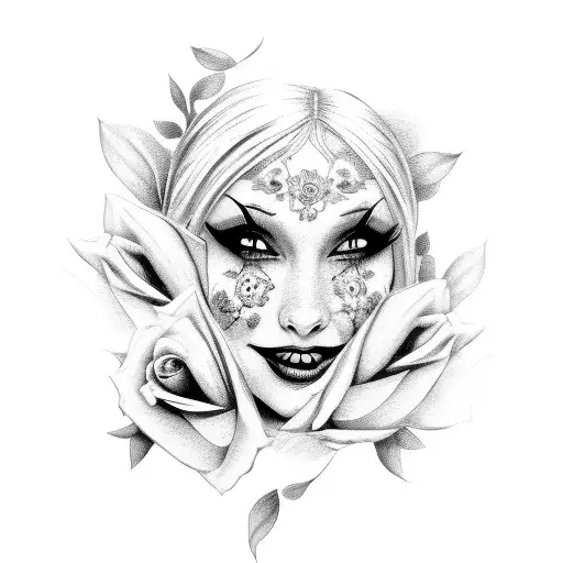 female clown face surrounded with roses tattoo design idea