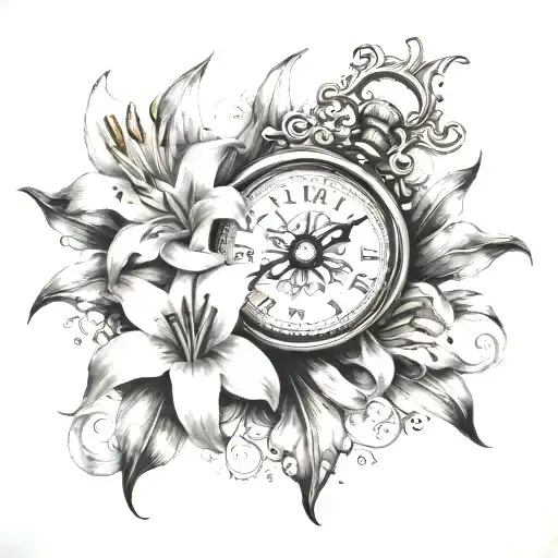 lilies and clock and a compass  tattoo design idea