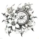 lilies and clock and a compass  tattoo design idea
