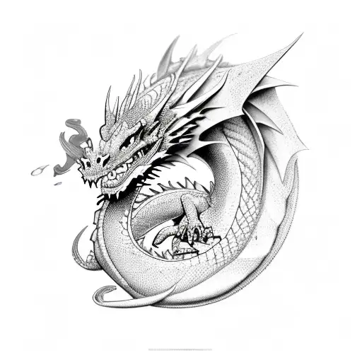 Dragon, femenine, black and white, 2d tattoo design idea