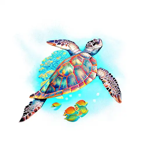 A majestic sea turtle swimming through a vibrant coral reef tattoo design idea