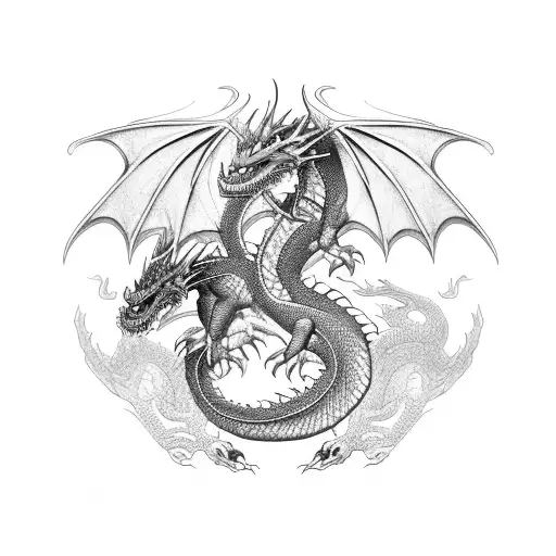 Three Dragons of three colors  (1Black Dragon,   1Red Dragon, 1White Dragon) with roses of three colors ( black,white,re tattoo design idea