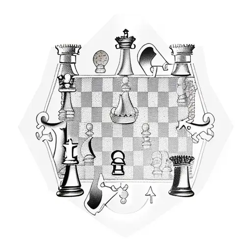 A strategic chessboard with pieces representing the 1930s mafia, incorporating elements of horse symbolism tattoo design idea