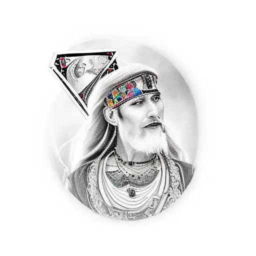 A realistic portrait of a gypsy fortune-teller holding a deck of tarot cards, with subtle nods to the horse and England in the background tattoo design idea