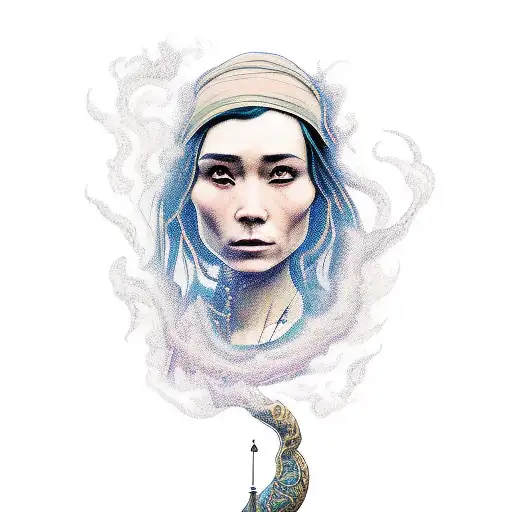 A portrait of the oriental girl from the first episode of Peaky Blinders, surrounded by mystical elements like tarot cards and smoke tattoo design idea