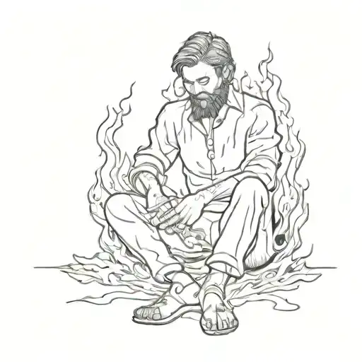 A man sits on the ground on his knees and burns, self-immolation, hell, on the background of fire, flame sketch tattoo design idea