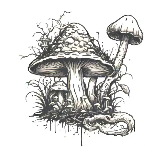 The centerpiece of the tattoo is a depiction of a haunting mushroom patch, reminiscent of Eminem's Ronnie RIP tattoo. tattoo design idea