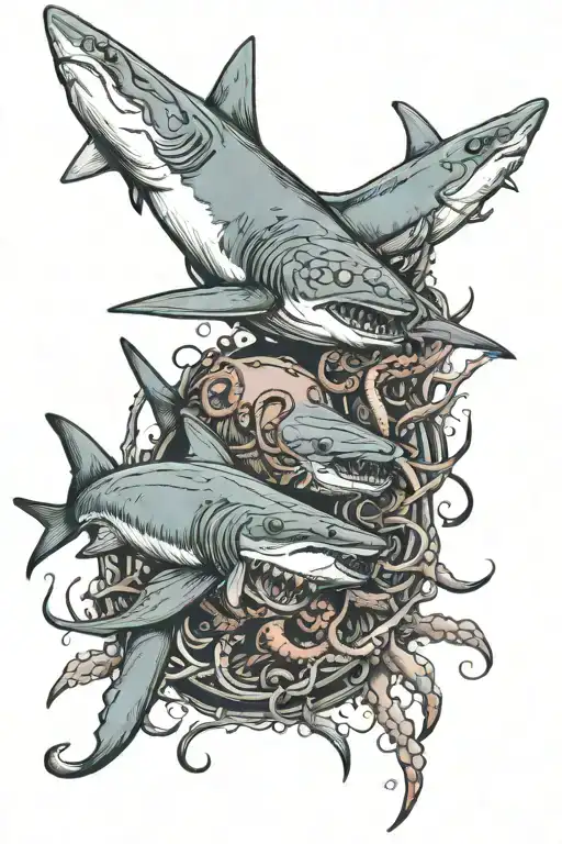 sharks eating lobster with an octopus watching them tattoo design idea