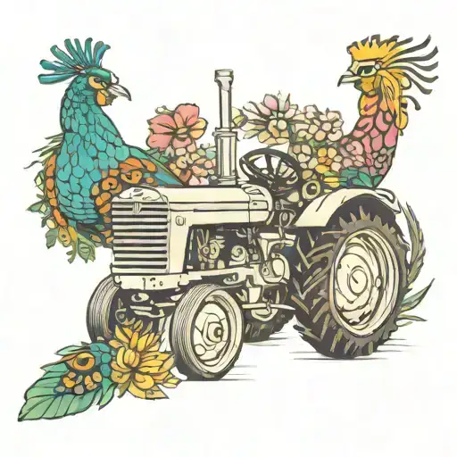 tractor and domino with peacock  tattoo design idea