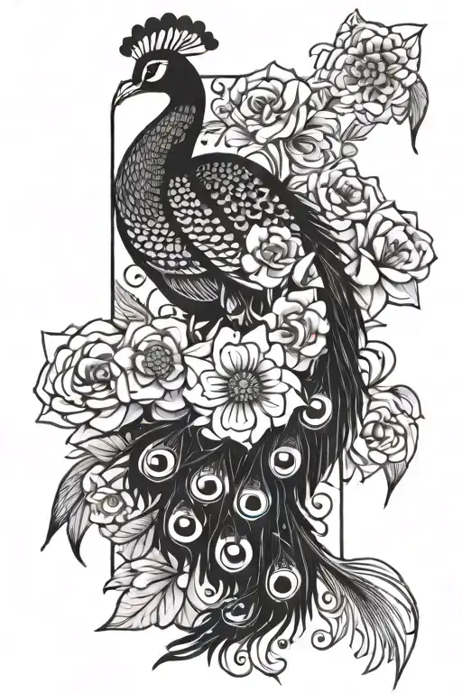 dominos with peacock and flowers tattoo design idea