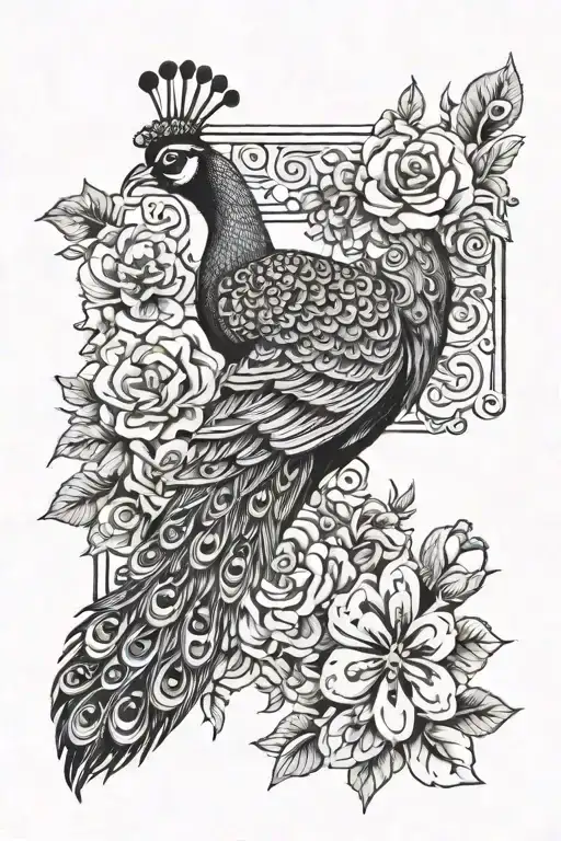 A tattoo design with a peacock playing dominos with flowers around, black and white tattoo design idea