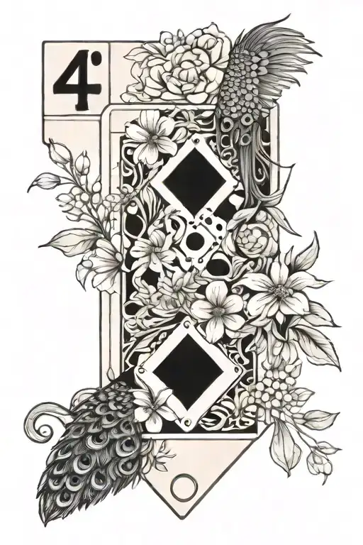 dominos with the number 4 and a peacock and flowers tattoo design idea