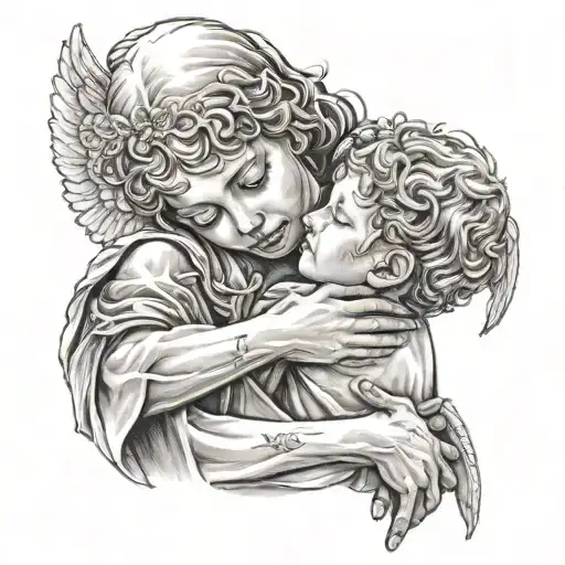 Chrome cross, Mom angel  hugging son  tattoo design idea