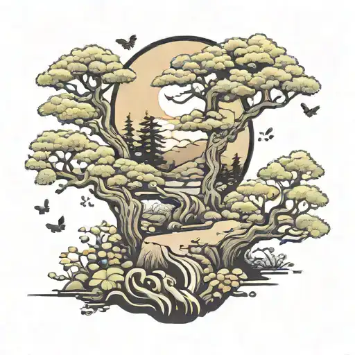 Black ink arm sleeve with a zen garden theme. including willow trees, pine trees, a stream, mushrooms, butterflies, and  tattoo design idea