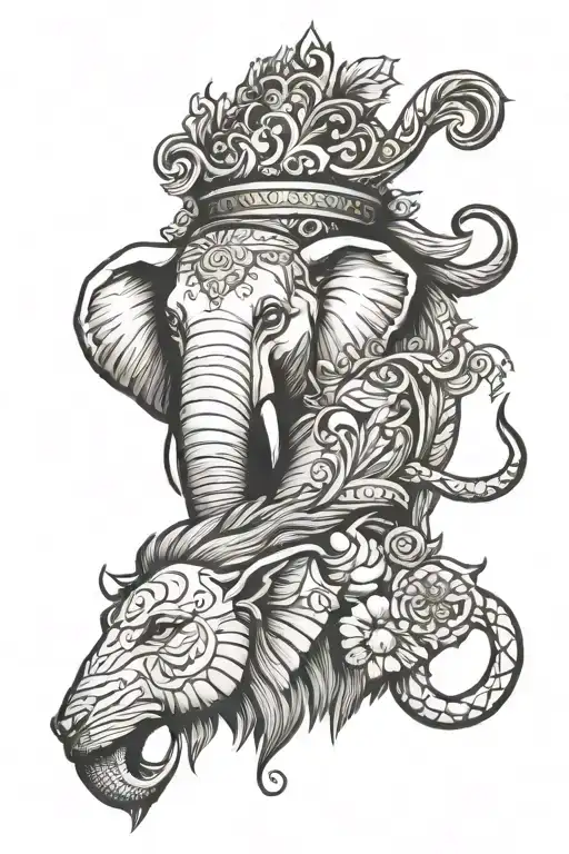elephant and lion head tattoo design idea