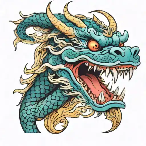 Japanese traditional colored  dragon face on a white background looking forward tattoo design idea