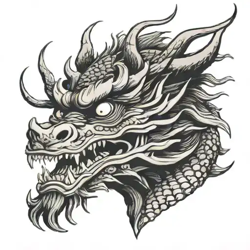 Japanese traditional black dragon face on a white background looking forward tattoo design idea