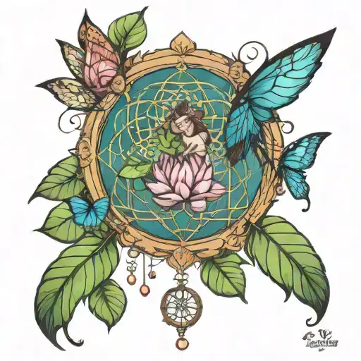 fairy lotus flower dream catcher tree of life tattoo design idea
