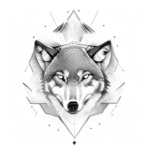 A tattoo design featuring a wolf surrounded by coding symbols in a dotwork style tattoo design idea