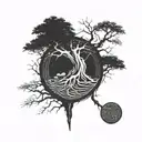 thick trunk tree in zen circle tattoo design idea