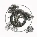 thick trunk tree in zen circle tattoo design idea