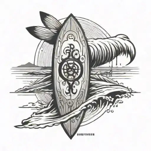 PLAGE AVEC UNE PLANCHE DE SURF POSER SUR LA PLAGE. AU DESSUE DE CETTE PLAGE, DES AILES D'ANGE ET UNE CROIX CHRETIENNE tattoo design idea