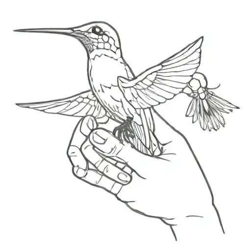 the skeleton hand reaches out with its index finger to a hummingbird with a beautiful long tail, touches it and the hummingbird falls dead. tattoo design idea