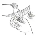 the skeleton hand reaches out with its index finger to a hummingbird with a beautiful long tail, touches it and the hummingbird falls dead. tattoo design idea