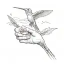 the skeleton hand reaches out with its index finger to a hummingbird with a beautiful long tail, touches it and the hummingbird falls dead. tattoo design idea