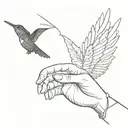 the skeleton hand reaches out with its index finger to a hummingbird with a beautiful long tail, touches it and the hummingbird falls dead. tattoo design idea