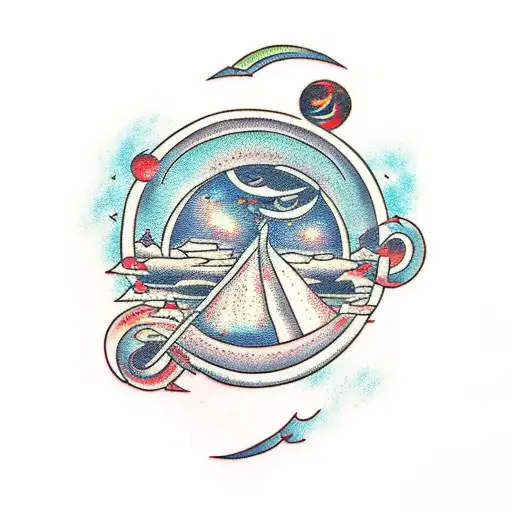 Book with portal to night sky and 2 sisters sitting on the edge tattoo design idea
