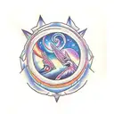 Book with portal to night sky and 2 sisters sitting on the edge tattoo design idea