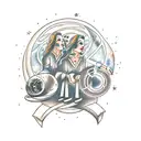 Book with portal to night sky and 2 sisters sitting on the edge tattoo design idea