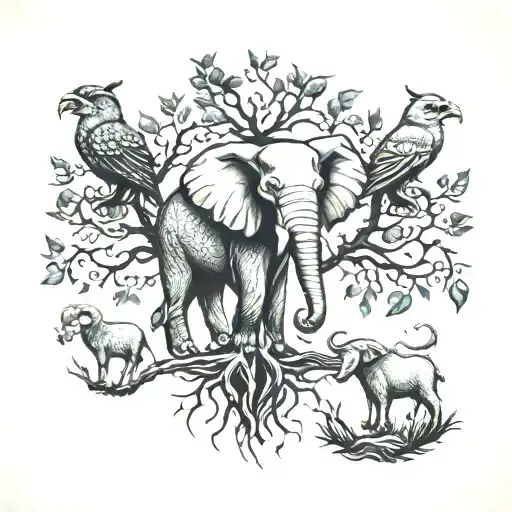 tree of life, elephant, owl, goat standing tattoo design idea