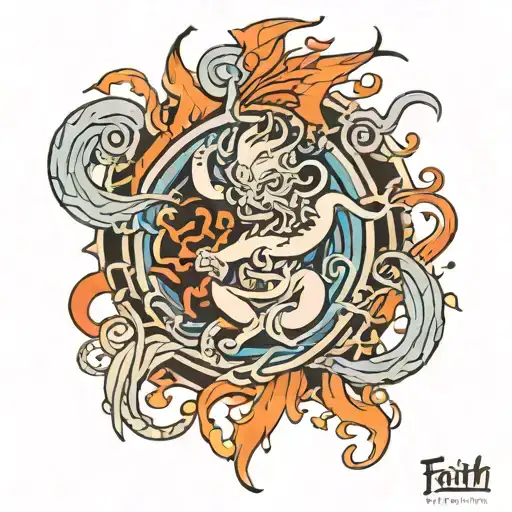 faith, struggle, sucess, patient, decipline, water, wave, fire, flame, ego, forgiveness, devil, angel, happiness, sorrow tattoo design idea