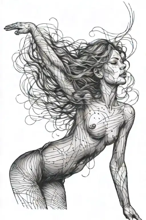 a woman trying to get out of the body and she is wet. so thin lines and figure is blurry smoky tattoo design idea
