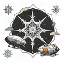 A minimalist tattoo design of a snowflake morphing into a spaceship, symbolizing the client's love for skiing and space exploration tattoo design idea