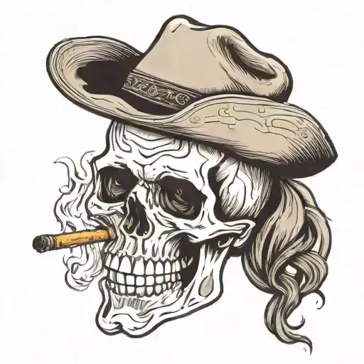 skull wearing a cowboy hat smoking a cigarette  tattoo design idea