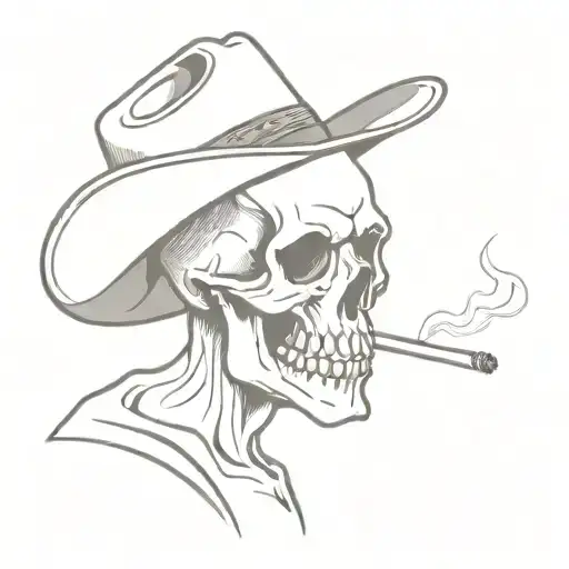 skull wearing a cowboy hat smoking a cigarette  tattoo design idea